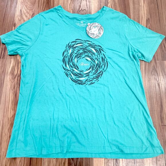 The CHOSEN NWT Teal Women V-Neck XL Graphic T-Shirt Christian Faith Fish Jesus - Picture 3 of 7